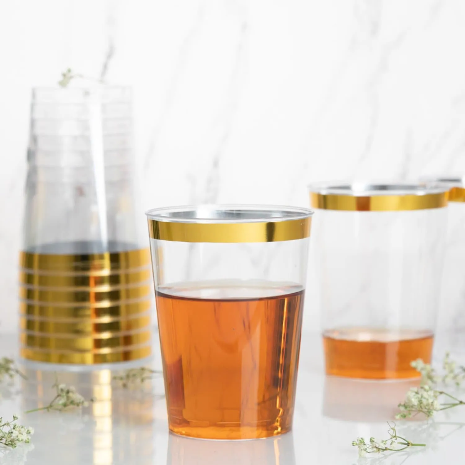 50 Pcs of 10oz Plastic Disposable Cups Gold Rim Tumblers