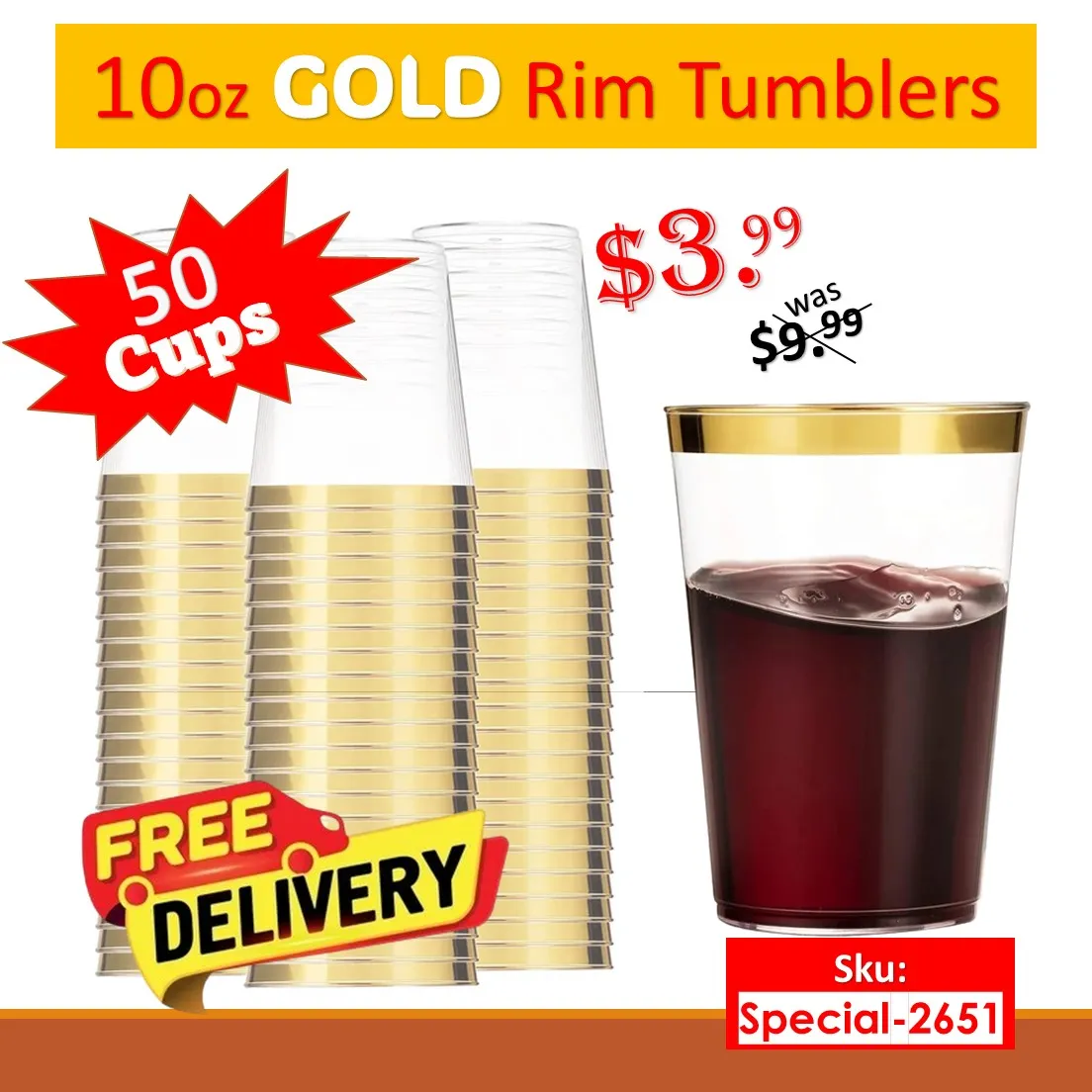 50 Pcs of 10oz Plastic Disposable Cups Gold Rim Tumblers