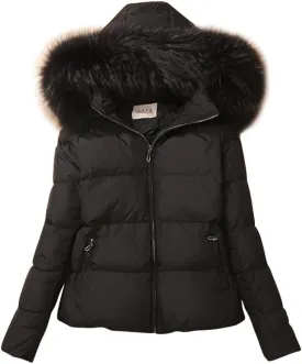 ACE SHOCK Women's Down Coats with Fur Hood Warm Short Puffer Jacket Slim Fit Winter Parka