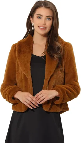 Allegra K Women's 2025 Fasion Winter Cropped Jacket Lapel Long Sleeve Faux Fur Fluffy Coat