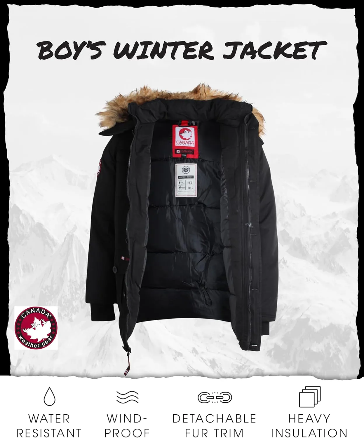 CANADA WEATHER GEAR Boys' Winter Jacket - Heavyweight Water and Wind Resistant Hooded Parka Ski Jacket for Boys (Sizes: 5-20)