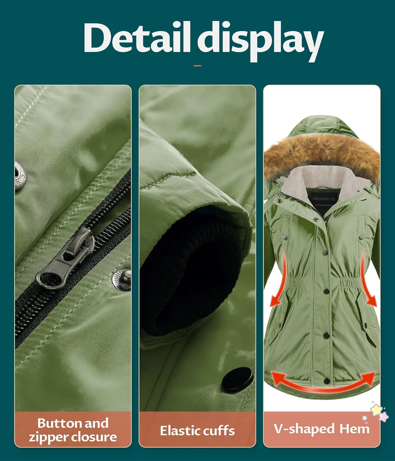 CREATMO US Girl's Long Winter Warm Parka Sherpa Trimmed Collar Puffer Ski Jacket Coat