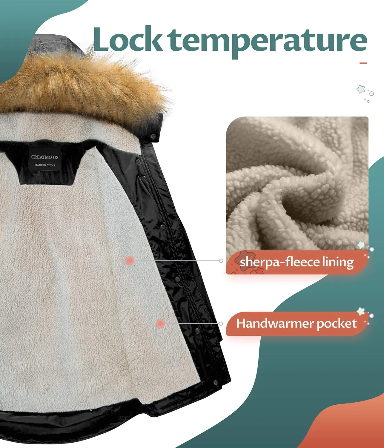 CREATMO US Girl's Long Winter Warm Parka Sherpa Trimmed Collar Puffer Ski Jacket Coat