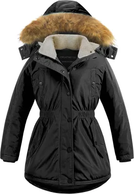 CREATMO US Girl's Long Winter Warm Parka Sherpa Trimmed Collar Puffer Ski Jacket Coat
