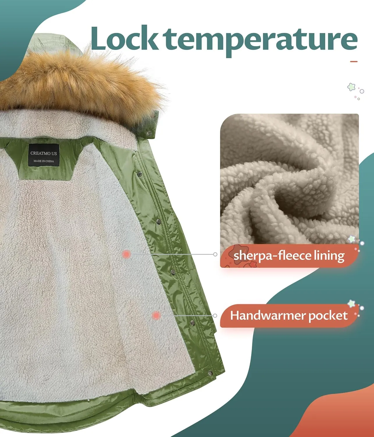 CREATMO US Girl's Long Winter Warm Parka Sherpa Trimmed Collar Puffer Ski Jacket Coat