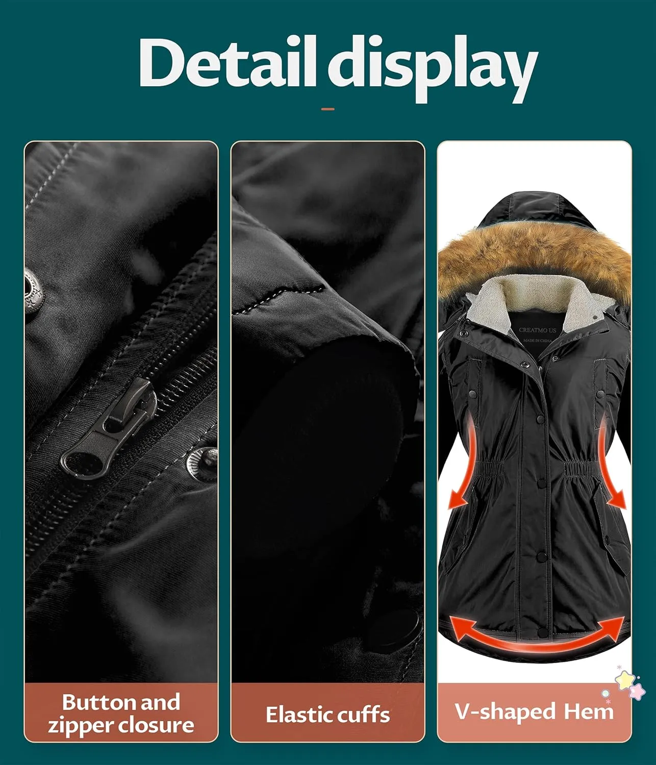 CREATMO US Girl's Long Winter Warm Parka Sherpa Trimmed Collar Puffer Ski Jacket Coat