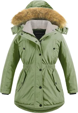CREATMO US Girl's Long Winter Warm Parka Sherpa Trimmed Collar Puffer Ski Jacket Coat