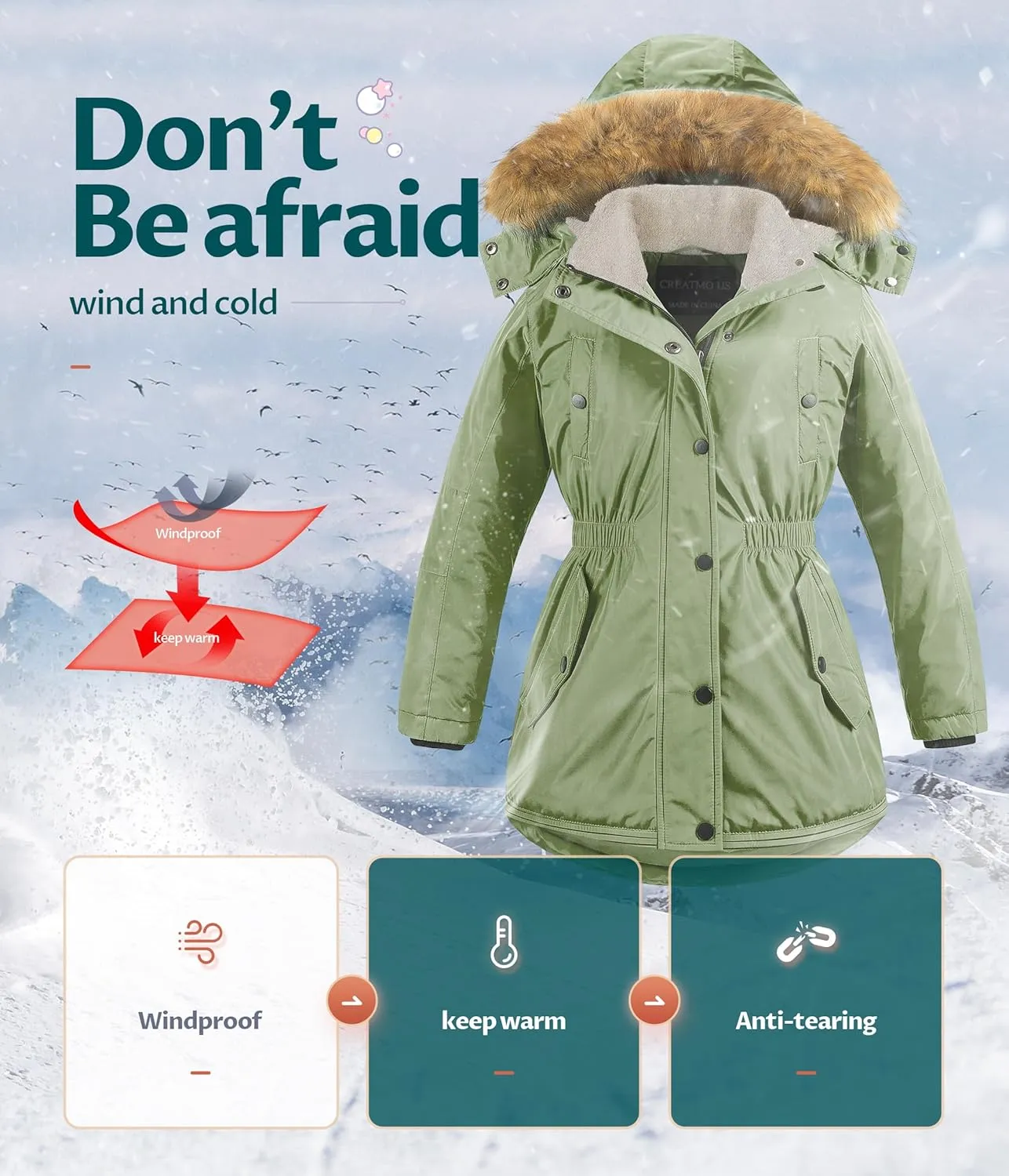 CREATMO US Girl's Long Winter Warm Parka Sherpa Trimmed Collar Puffer Ski Jacket Coat