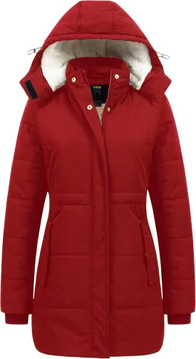 CREATMO US Women's Thicken Sherpa Winter Coat Puffy Warm Snow Jacket With Removable Hood