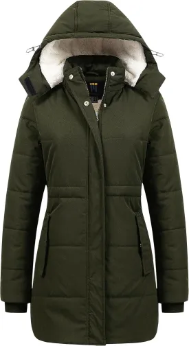 CREATMO US Women's Thicken Sherpa Winter Coat Puffy Warm Snow Jacket With Removable Hood