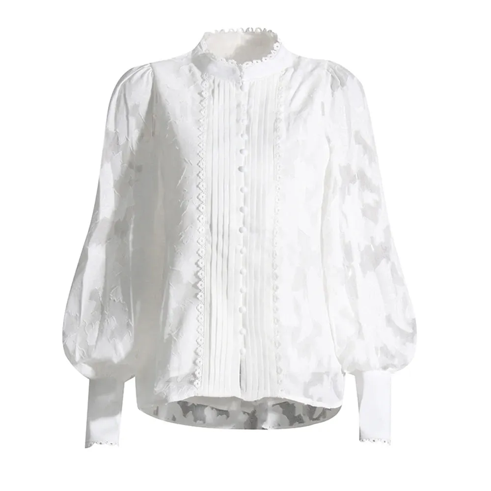Elegant Lace Panel Shirt For Women Stand Collar Long Sleeve Embroidery Solid Slim Single Brasted Blouses Female