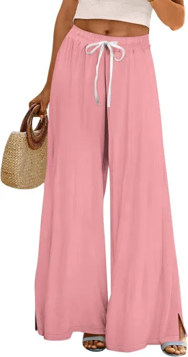 HXHYQKP Wide Leg Pants for Women Summer Beach Palazzo Pants High Elastic Waist Drawstring Trouser with Pockets
