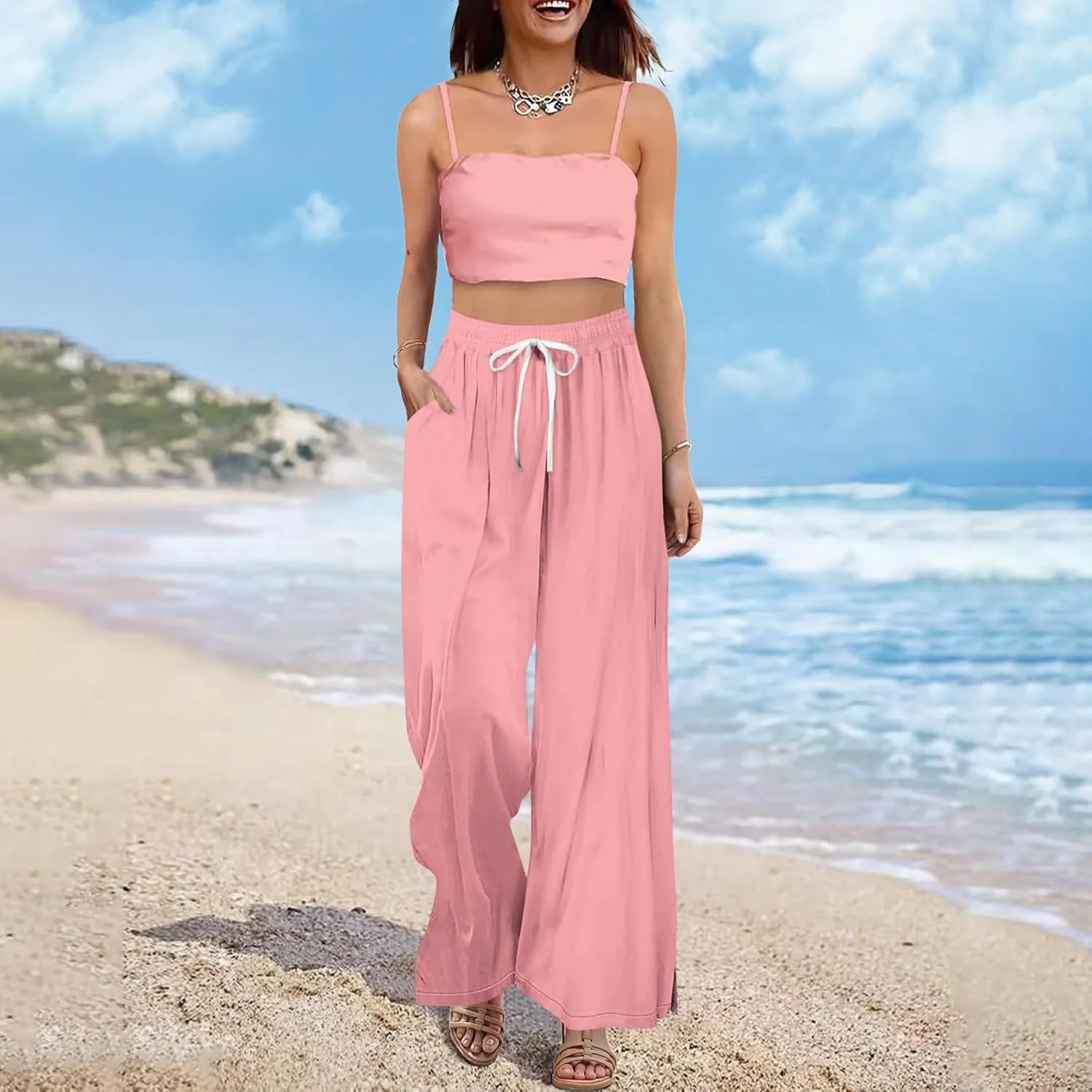 HXHYQKP Wide Leg Pants for Women Summer Beach Palazzo Pants High Elastic Waist Drawstring Trouser with Pockets
