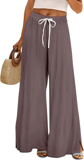 HXHYQKP Wide Leg Pants for Women Summer Beach Palazzo Pants High Elastic Waist Drawstring Trouser with Pockets
