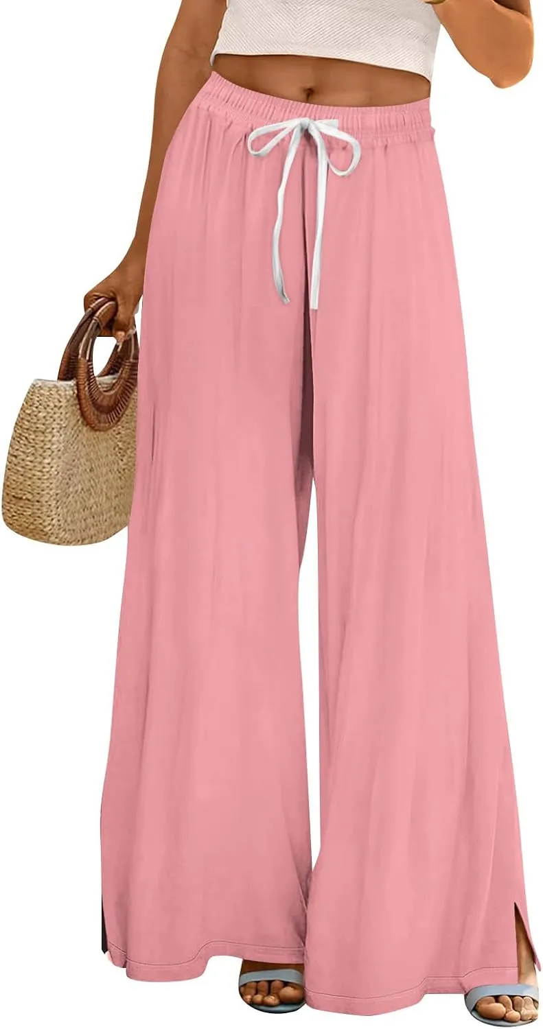 HXHYQKP Wide Leg Pants for Women Summer Beach Palazzo Pants High Elastic Waist Drawstring Trouser with Pockets