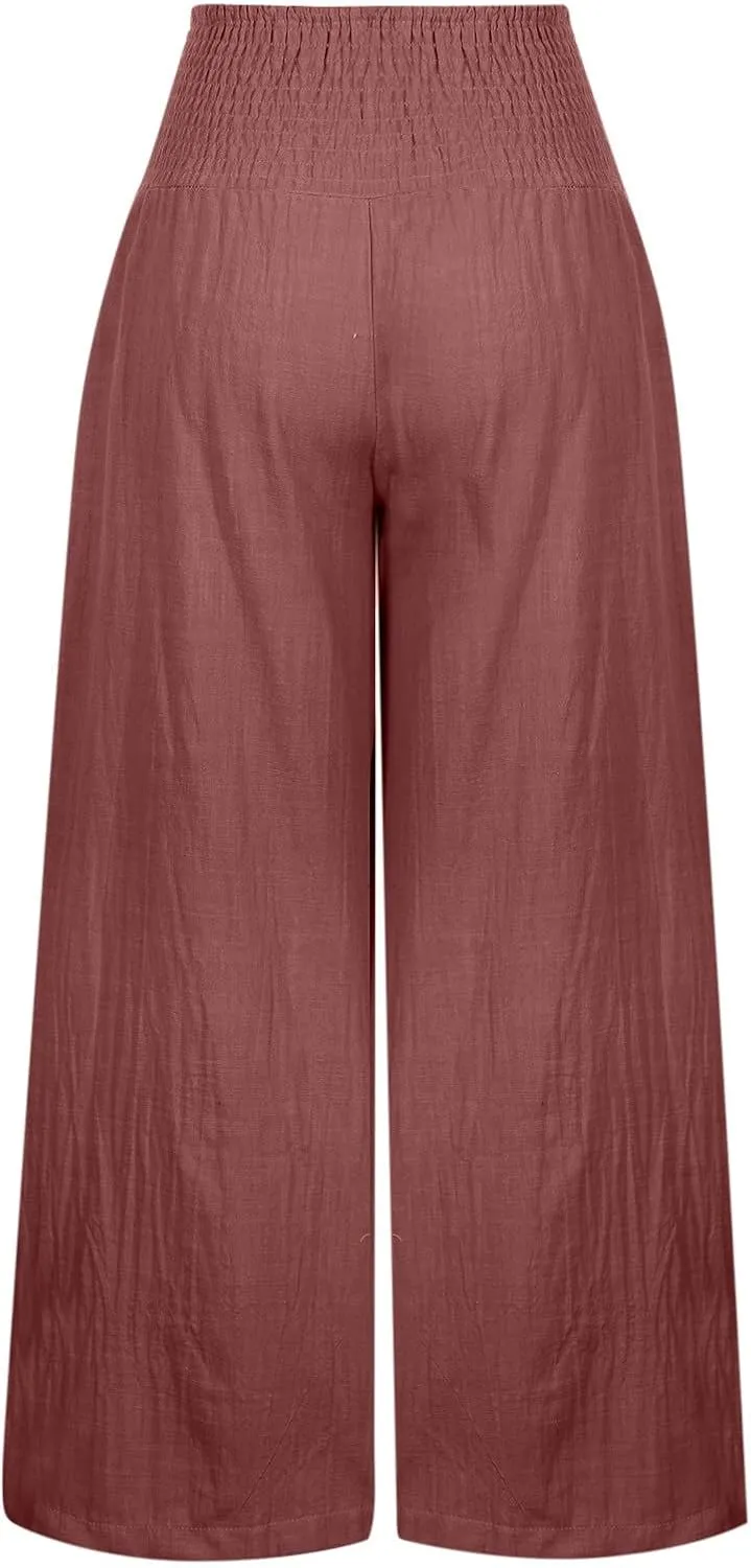 LRMQS Linen Wide Leg Pants Women Summer Casual Drawstring Elastic High Waist Trousers Resort Wear Beach Trendy Palazzo Pant