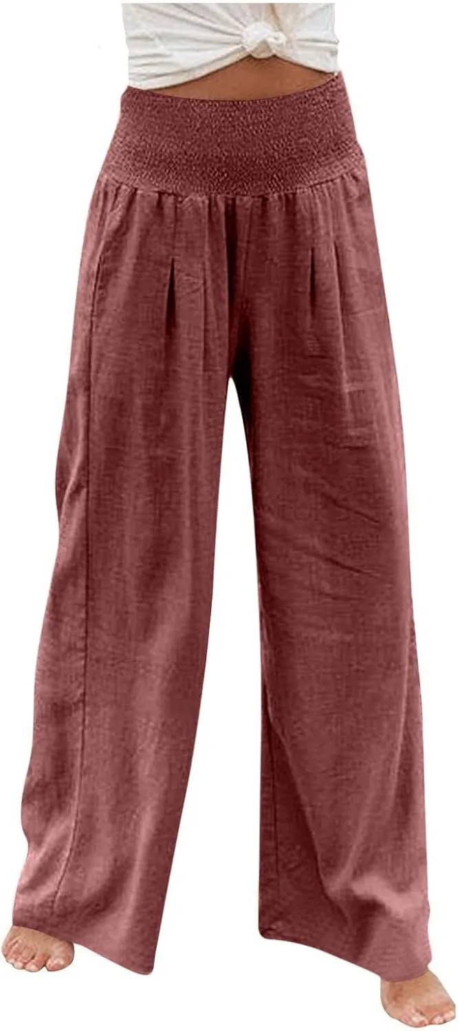 LRMQS Linen Wide Leg Pants Women Summer Casual Drawstring Elastic High Waist Trousers Resort Wear Beach Trendy Palazzo Pant