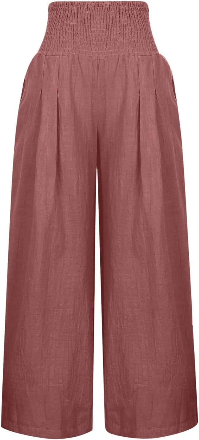 LRMQS Linen Wide Leg Pants Women Summer Casual Drawstring Elastic High Waist Trousers Resort Wear Beach Trendy Palazzo Pant