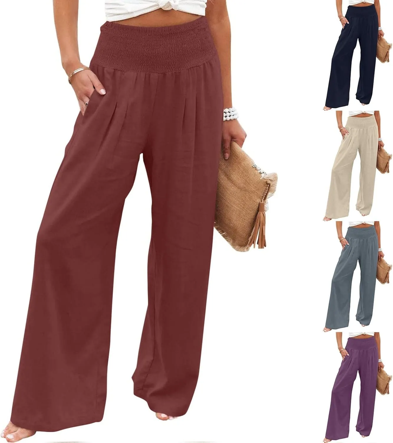 LRMQS Linen Wide Leg Pants Women Summer Casual Drawstring Elastic High Waist Trousers Resort Wear Beach Trendy Palazzo Pant