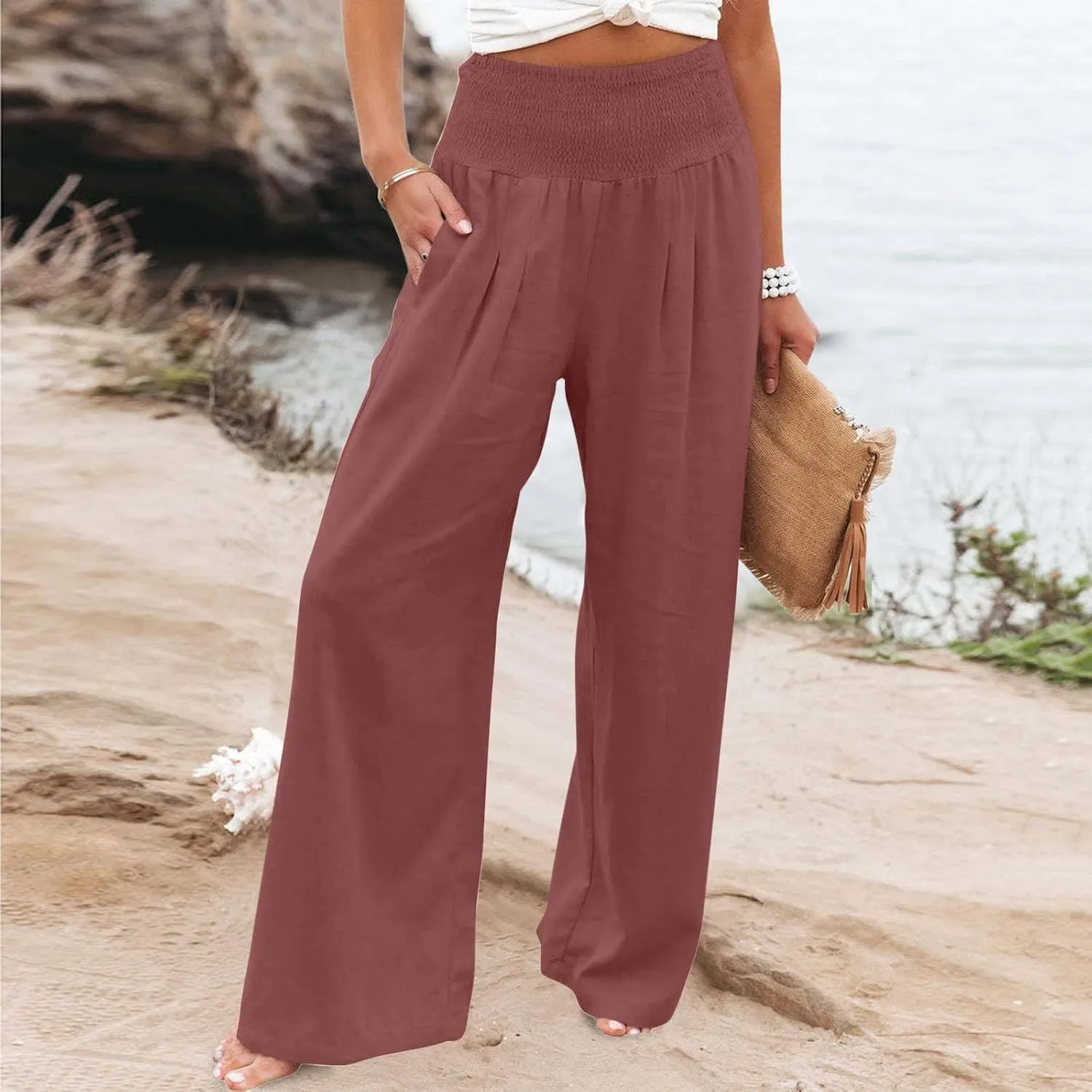 LRMQS Linen Wide Leg Pants Women Summer Casual Drawstring Elastic High Waist Trousers Resort Wear Beach Trendy Palazzo Pant