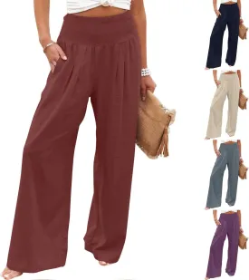 LRMQS Linen Wide Leg Pants Women Summer Casual Drawstring Elastic High Waist Trousers Resort Wear Beach Trendy Palazzo Pant