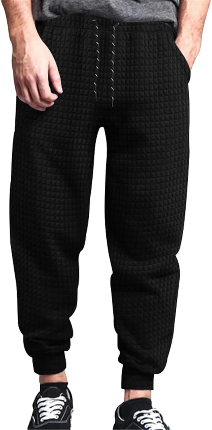 Mens Baggy Waffle Knitted Elastic Waist Drawstring Loose Comfortable Jogger Workout Athletic Lounge Trousers Pants