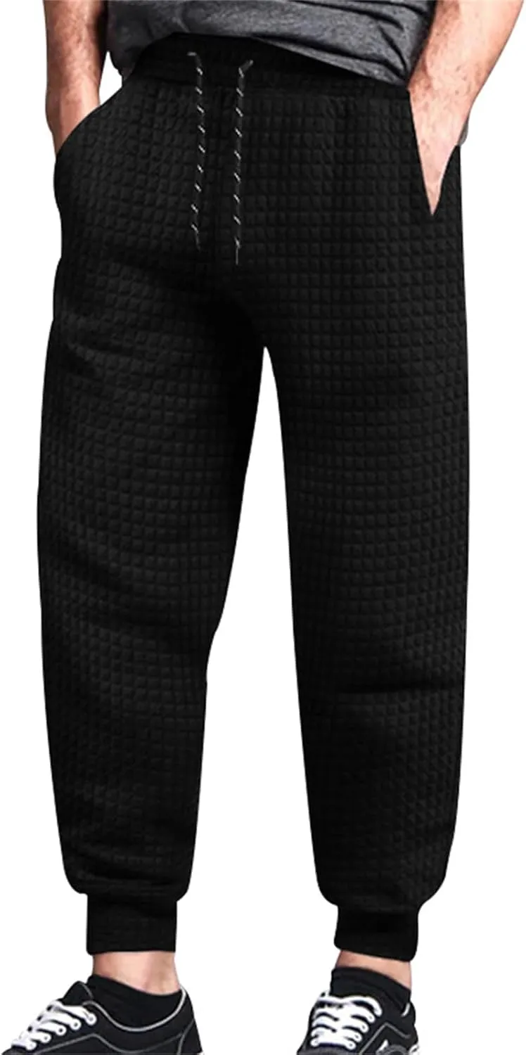 Mens Baggy Waffle Knitted Elastic Waist Drawstring Loose Comfortable Jogger Workout Athletic Lounge Trousers Pants