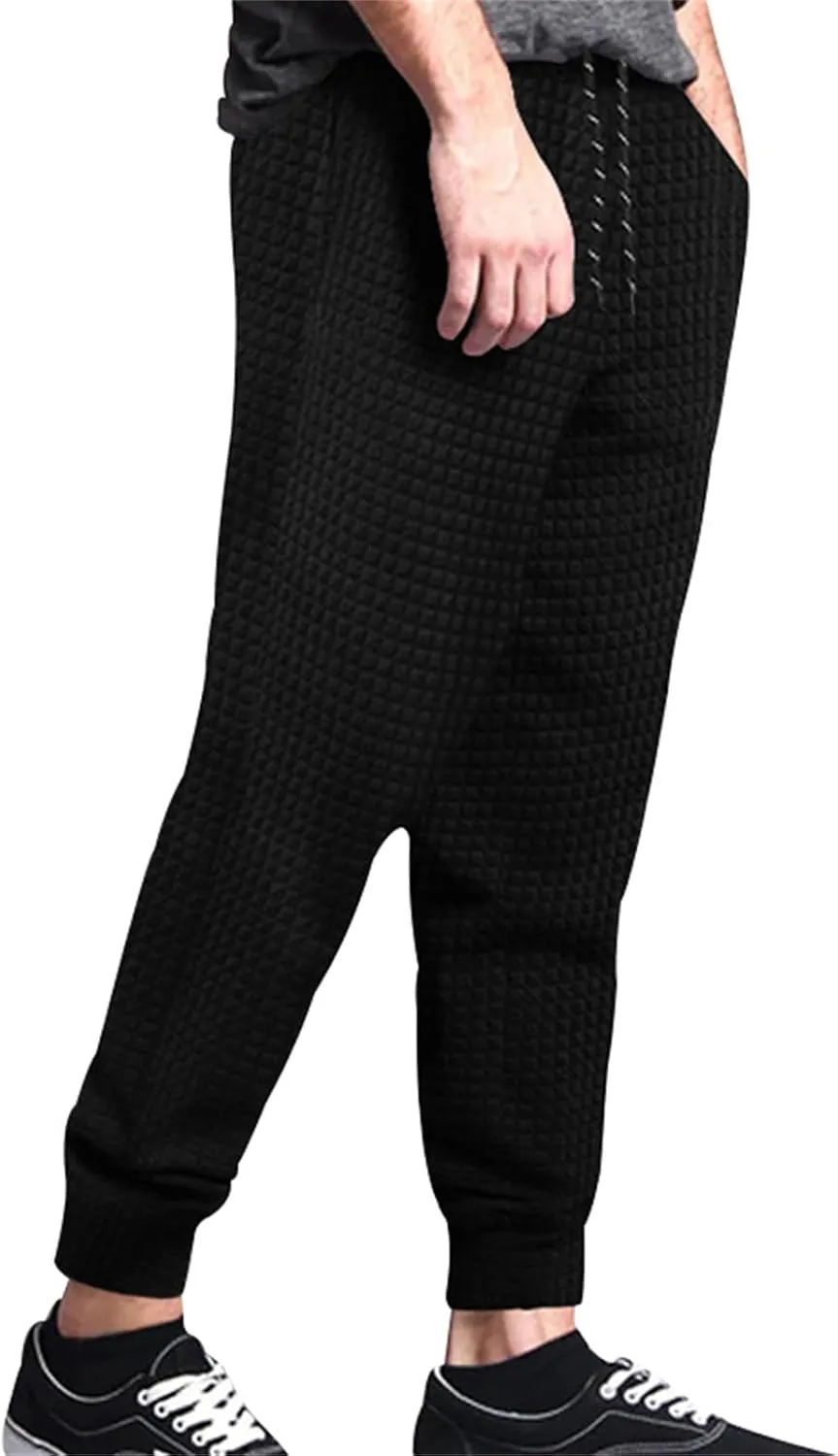 Mens Baggy Waffle Knitted Elastic Waist Drawstring Loose Comfortable Jogger Workout Athletic Lounge Trousers Pants