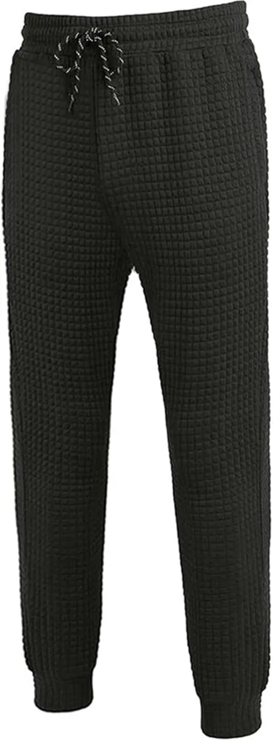 Mens Baggy Waffle Knitted Elastic Waist Drawstring Loose Comfortable Jogger Workout Athletic Lounge Trousers Pants