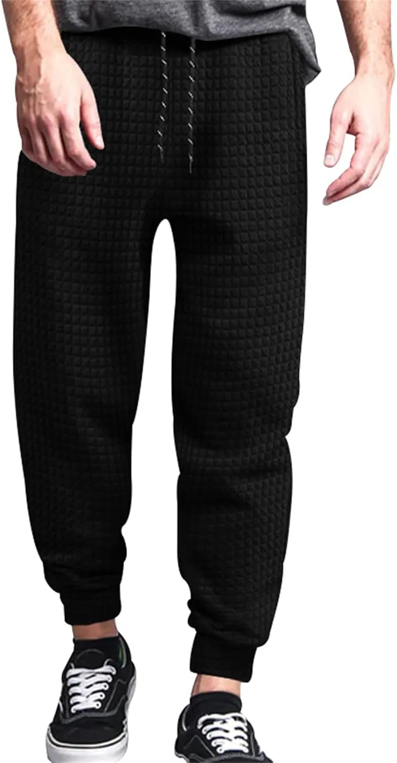 Mens Baggy Waffle Knitted Elastic Waist Drawstring Loose Comfortable Jogger Workout Athletic Lounge Trousers Pants