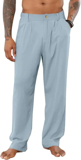 Mens Cotton Linen Casual Loose Fit Elastic Waist Lightweight Pleated with Pockets Yoga Beach Slacks Trousers Pants
