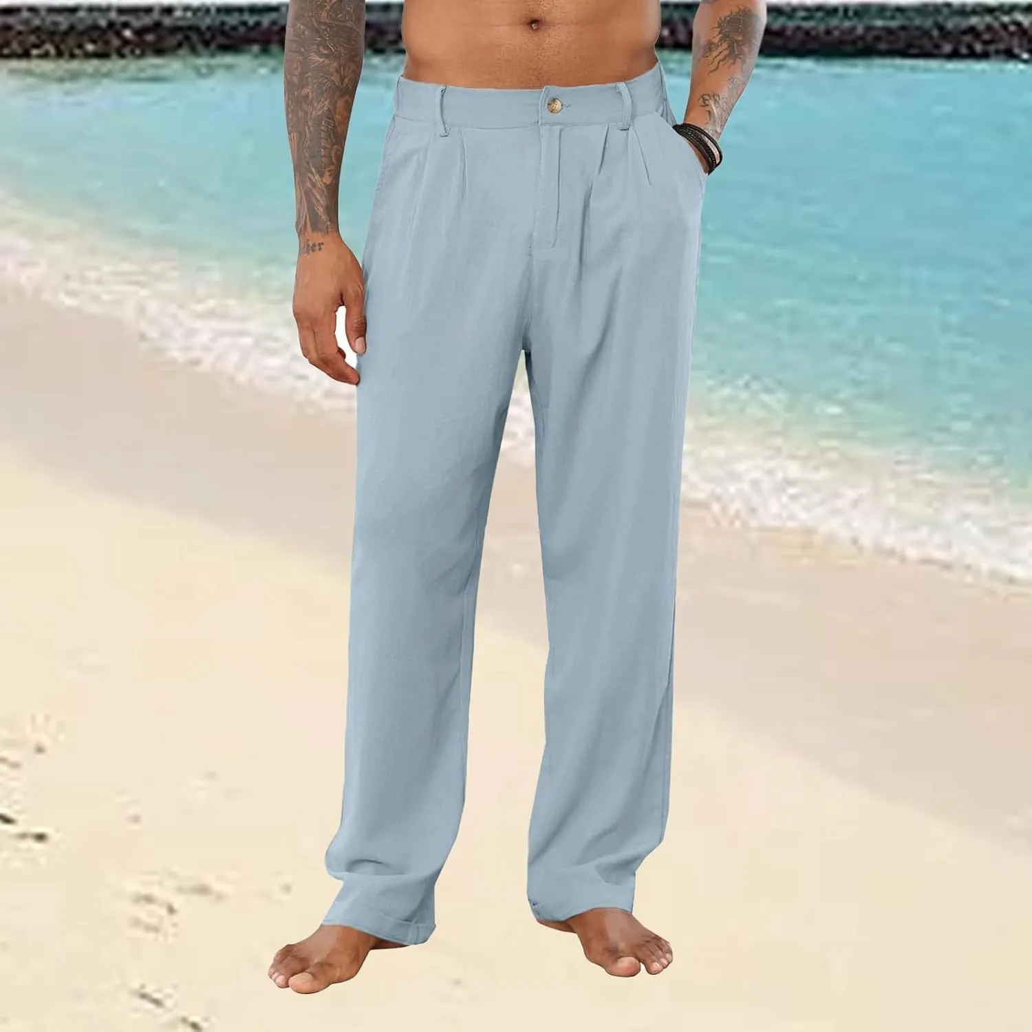Mens Cotton Linen Casual Loose Fit Elastic Waist Lightweight Pleated with Pockets Yoga Beach Slacks Trousers Pants