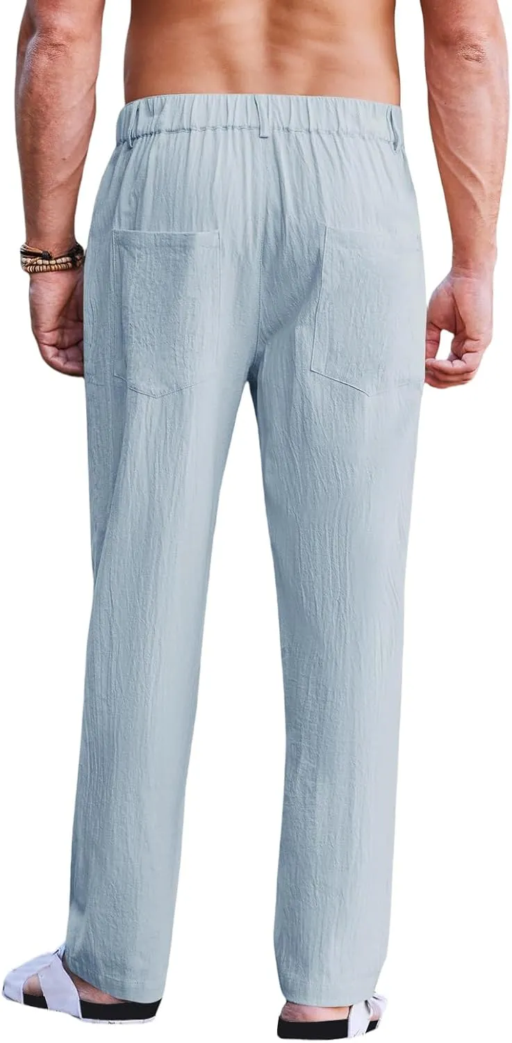 Mens Cotton Linen Casual Loose Fit Elastic Waist Lightweight Pleated with Pockets Yoga Beach Slacks Trousers Pants