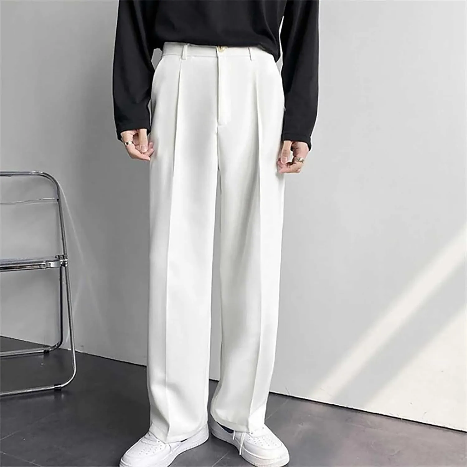 Mens Dress Pants Wide Leg Pleat Front Long Pants High Waisted Button Zipper Fly Suit Trousers Business Work Clothes