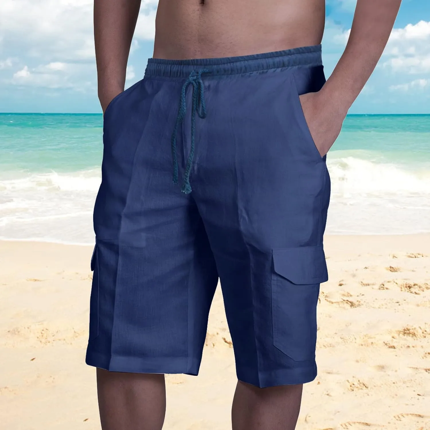 Mens Hiking Cargo Shorts 2025 Lightweight Casual Cotton Linen Pant Elastic Waist Drawstring Summer Relaxed Fit Short