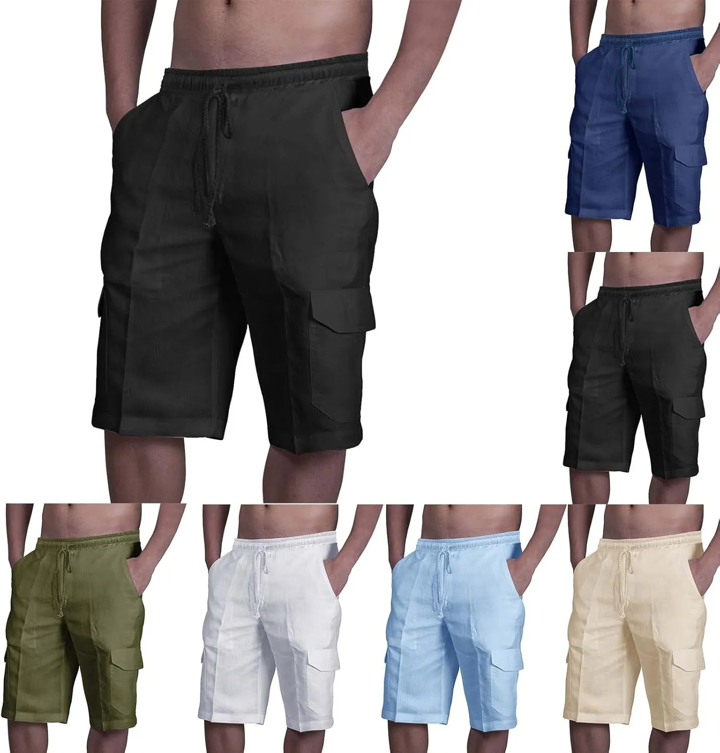 Mens Hiking Cargo Shorts 2025 Lightweight Casual Cotton Linen Pant Elastic Waist Drawstring Summer Relaxed Fit Short