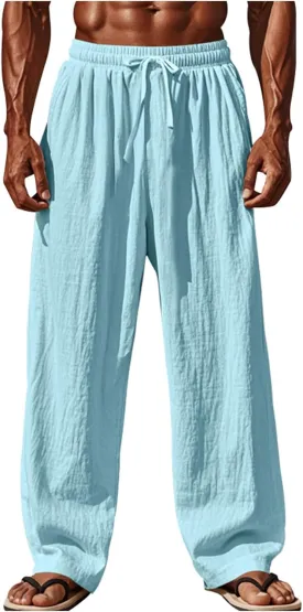 Mens Straight Loose Baggy Lightweight Lace Up Elastic Casual Yoga Sweatpants Travel Lounge Beach Trousers Pants