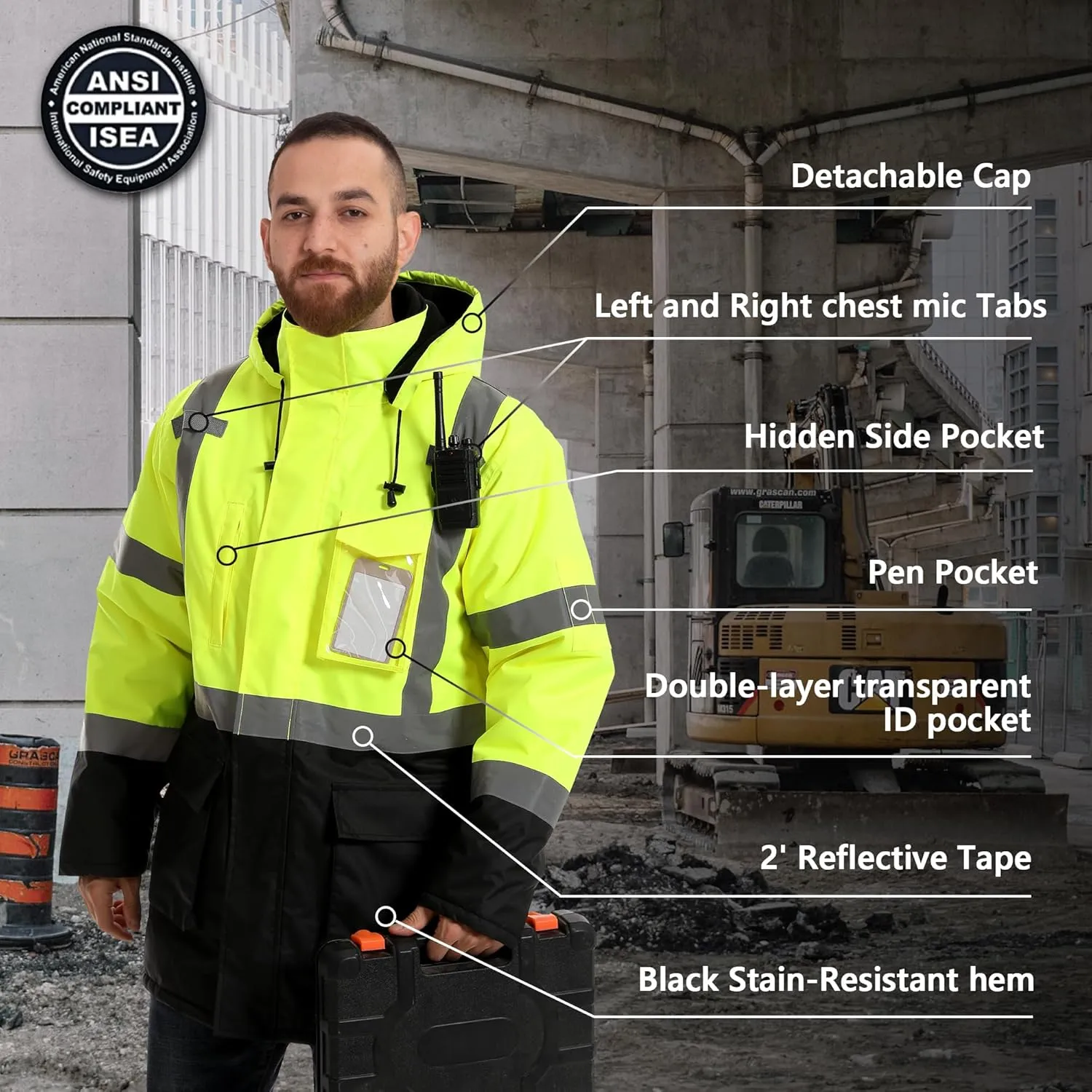 Reflective Jacket - High Visibility Waterproof Parka with Removable Hood and Zipper, Conforms ANSI Class 3 (Lime, 5XL)