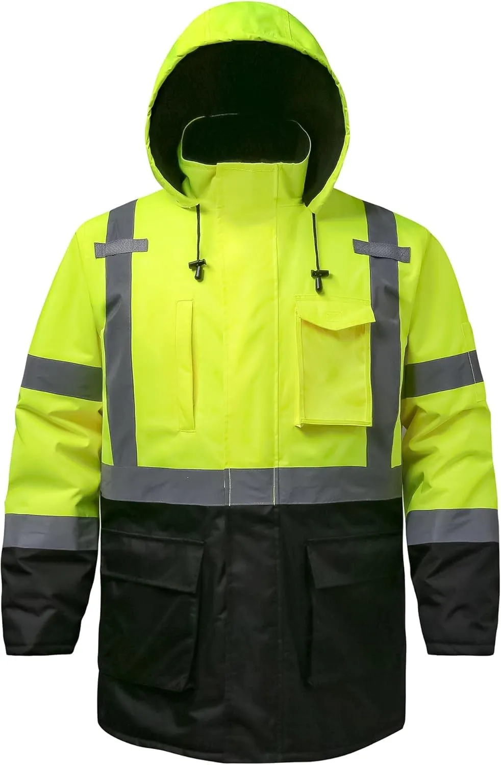 Reflective Jacket - High Visibility Waterproof Parka with Removable Hood and Zipper, Conforms ANSI Class 3 (Lime, 5XL)