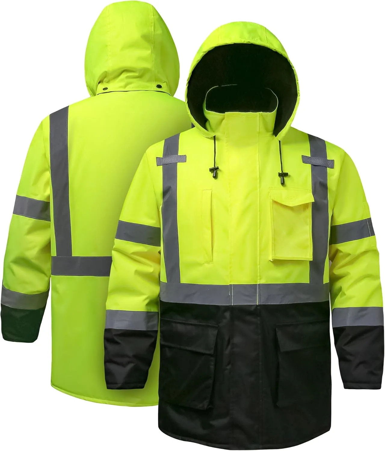 Reflective Jacket - High Visibility Waterproof Parka with Removable Hood and Zipper, Conforms ANSI Class 3 (Lime, 5XL)