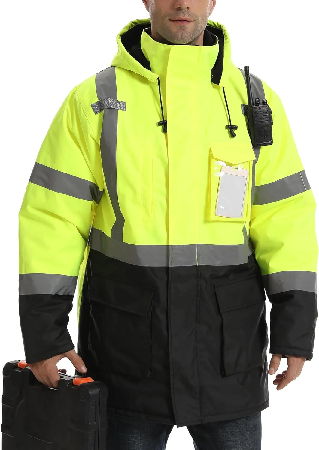 Reflective Jacket - High Visibility Waterproof Parka with Removable Hood and Zipper, Conforms ANSI Class 3 (Lime, 5XL)