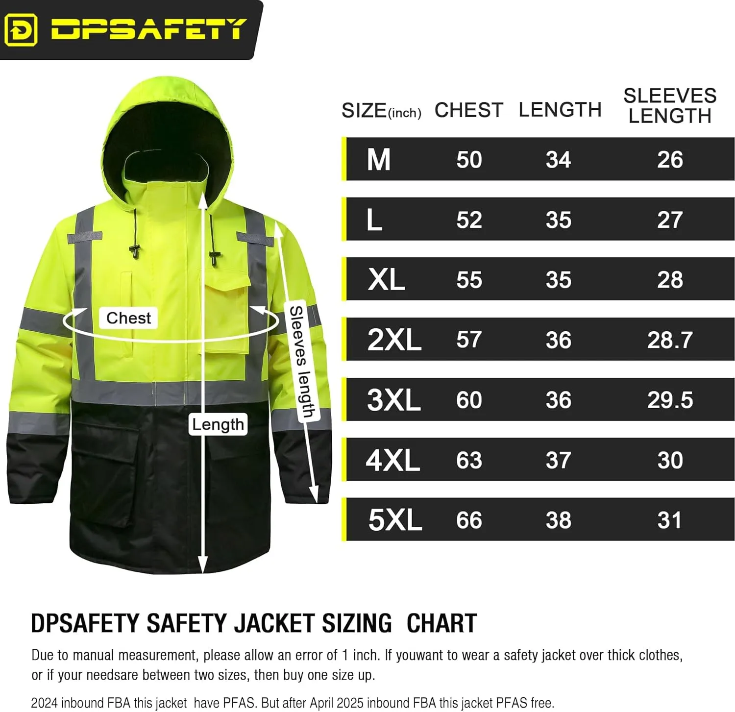 Reflective Jacket - High Visibility Waterproof Parka with Removable Hood and Zipper, Conforms ANSI Class 3 (Lime, 5XL)