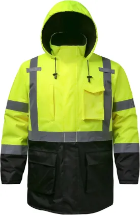 Reflective Jacket - High Visibility Waterproof Parka with Removable Hood and Zipper, Conforms ANSI Class 3 (Lime, 5XL)