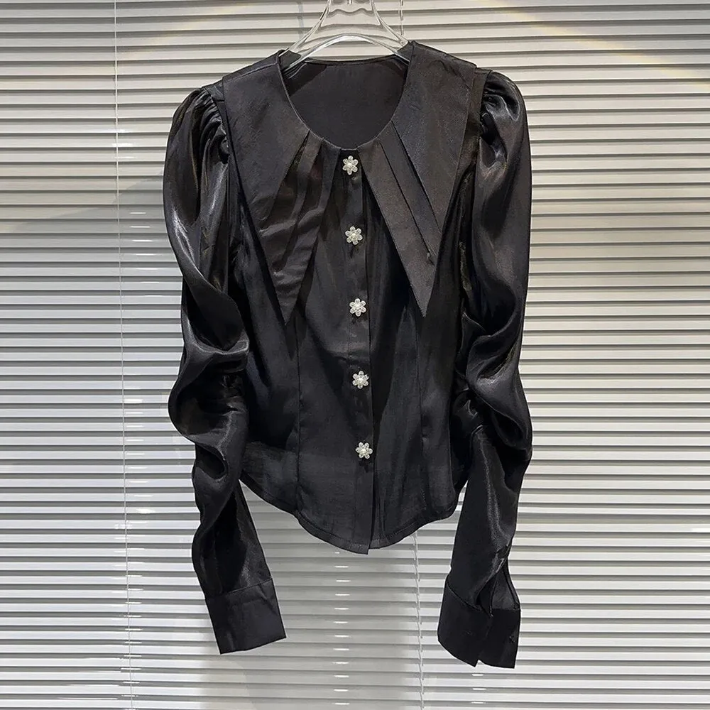 Solid Patchwork Single Breasted Casaul Blouses For Women Lapel Puff Sleeve Elegant Blouse Female Fashion Clothes
