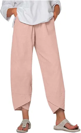 Tulip Hem Capri Pants for Women Wide Leg Cotton Linen Pants Summer Flowy Capris Casual Cropped Trousers with Pockets