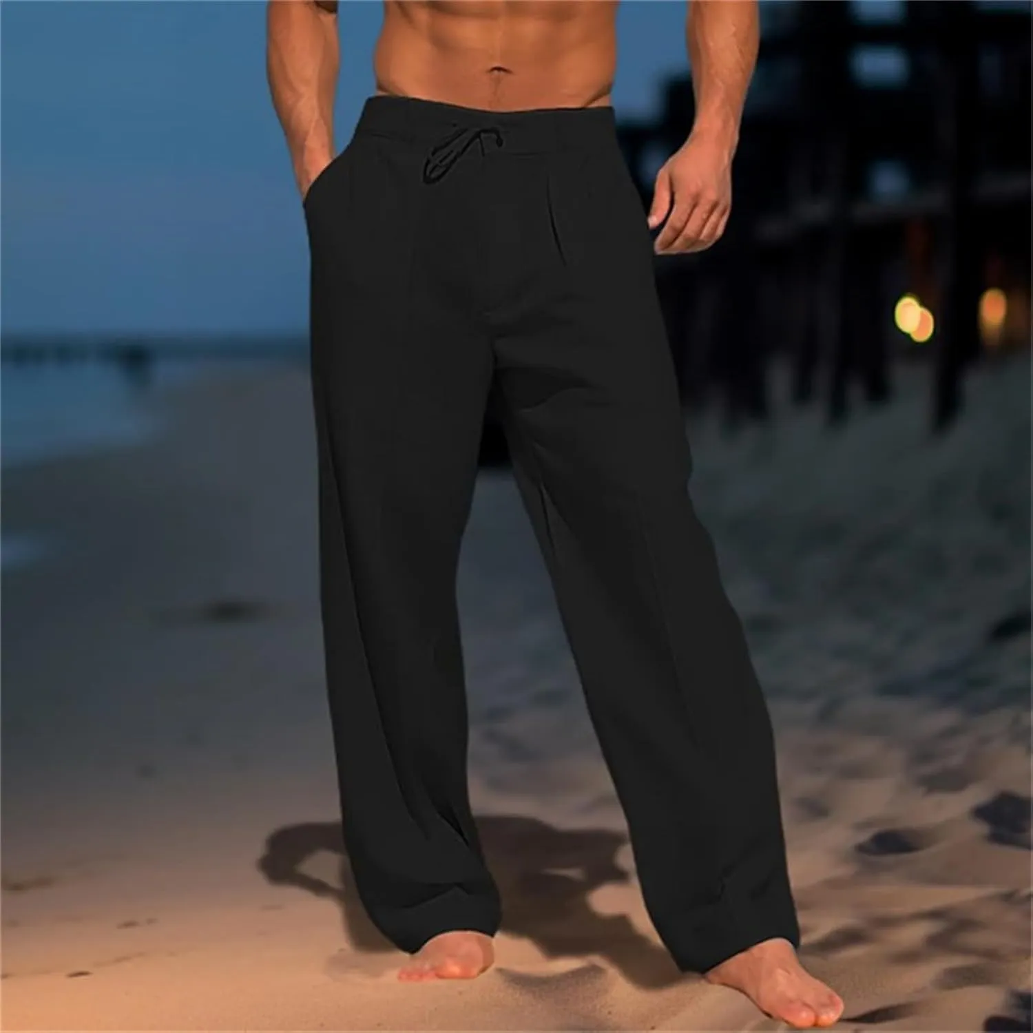 Wankang Men's Cotton Linen Pants Summer Casual Lightweight Relaxed Fit Drawstring Trousers Breathable Beach Pants for Men