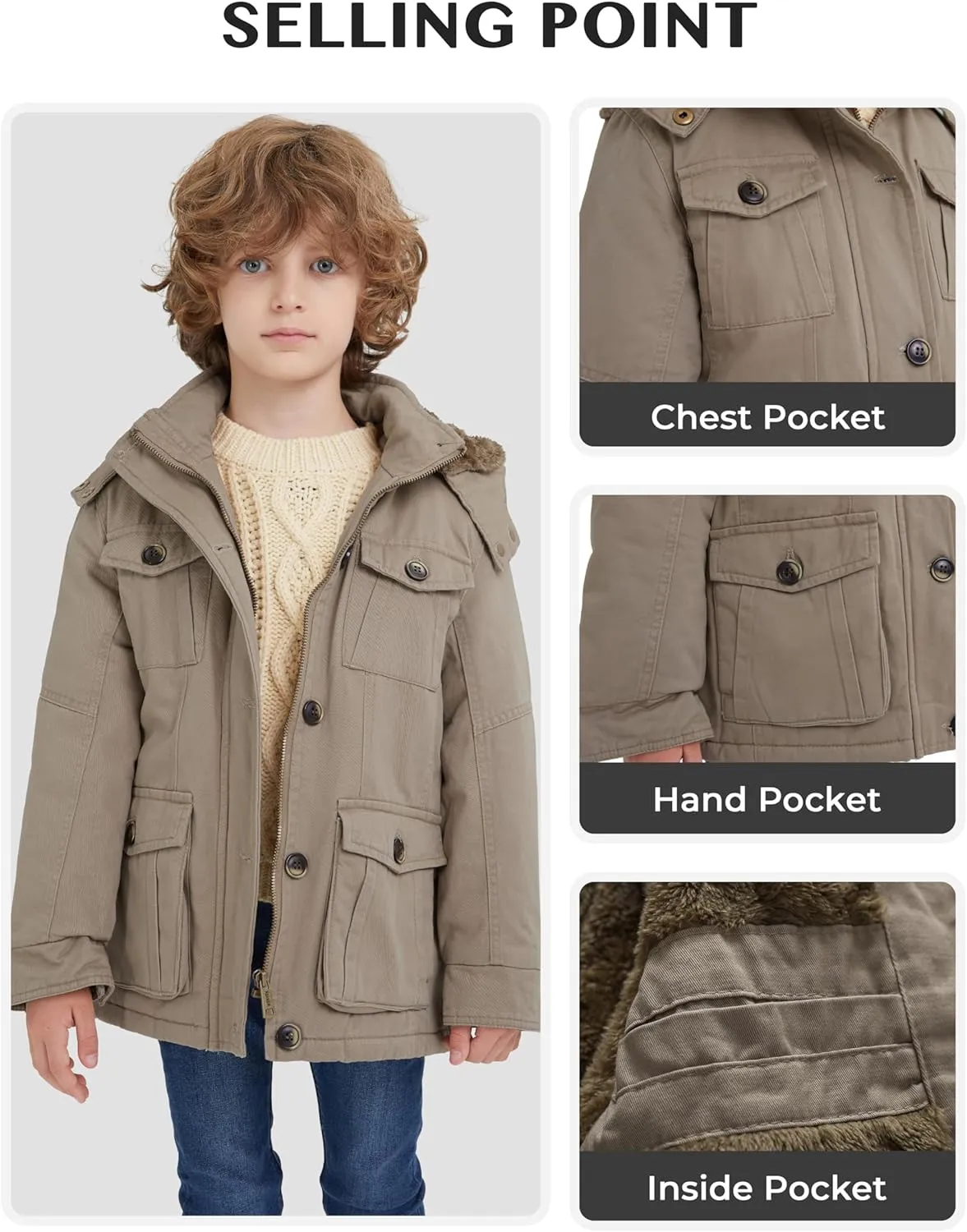 WenVen Boy's & Girl's Winter Warm Sherpa Lined Parka Coat with Removable Hood