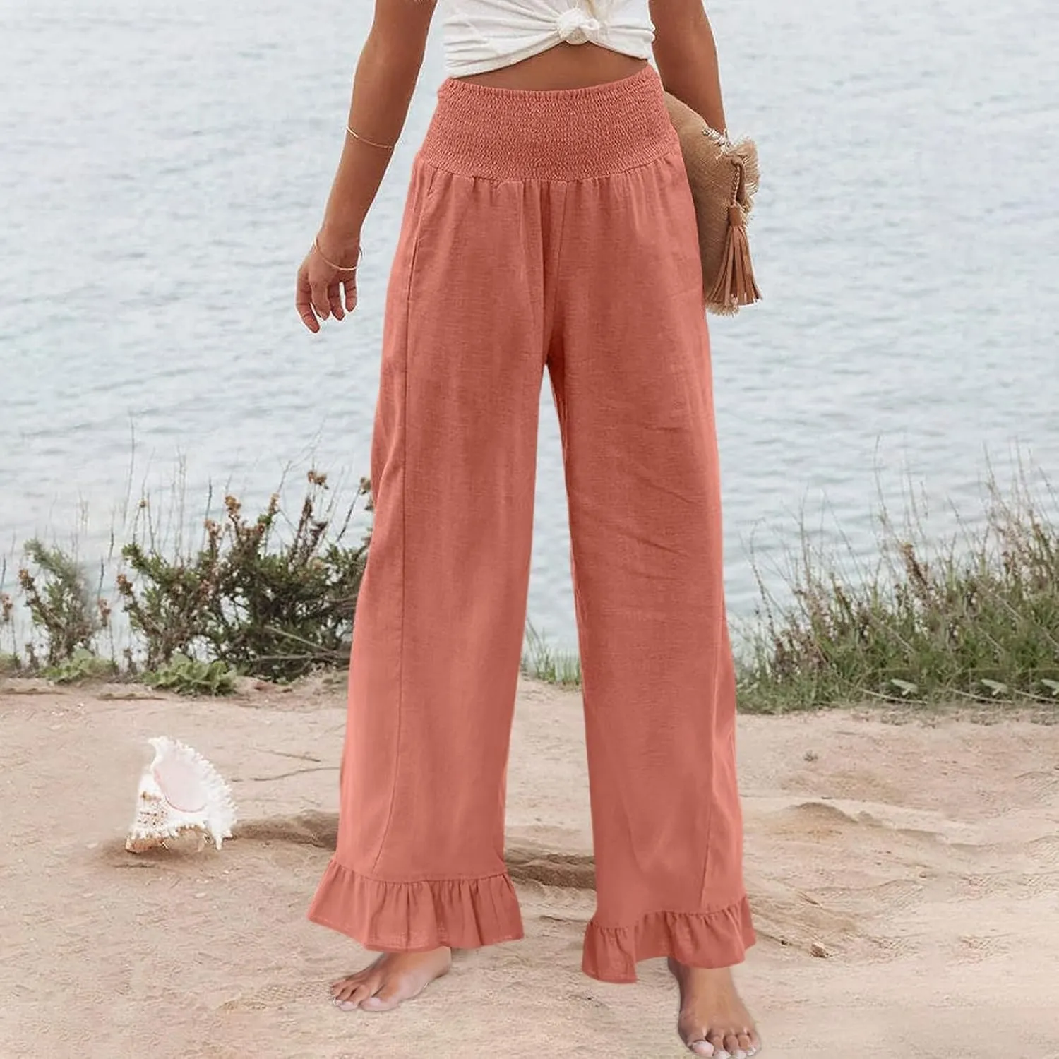 Wide Leg Linen Pants for Women High Waisted Ruffle Hem Palazzo Pants Boho Summer Casual Loose Flowy Pant Trousers