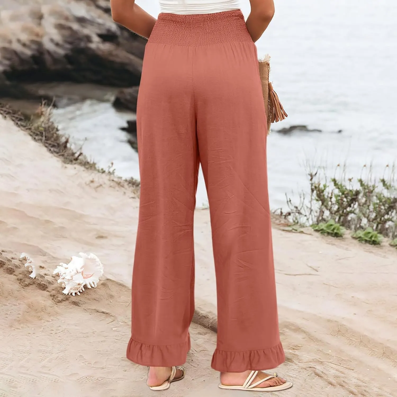 Wide Leg Linen Pants for Women High Waisted Ruffle Hem Palazzo Pants Boho Summer Casual Loose Flowy Pant Trousers