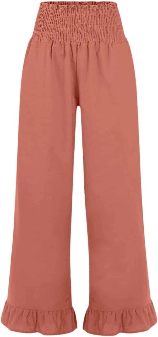 Wide Leg Linen Pants for Women High Waisted Ruffle Hem Palazzo Pants Boho Summer Casual Loose Flowy Pant Trousers